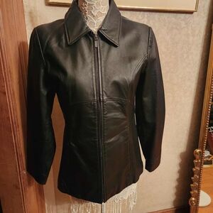 Jacqueline Ferrer Elegant Black Leather Jacket for Women, Size Small